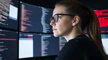 A woman is looking at a computer screen with multiple monitors. She is wearing glasses and has her hair in a ponytail. The screens are filled with lines of code and the woman is focused on her work