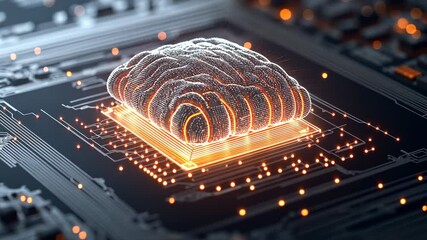 A computer chip with a brain on it. The chip is glowing with a bright orange light. Concept of technology and innovation, as well as the potential for artificial intelligence