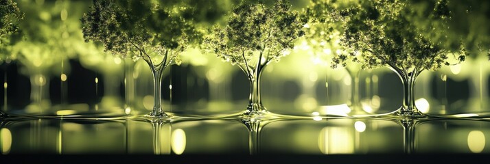 Aufkleber - Exploring a mesmerizing glass forest with abstract tree shapes and glowing reflections in a vibrant setting. Generative AI
