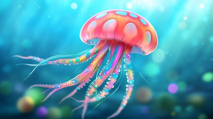 Wall Mural - colorful cartoon jellyfish with fluorescent tentacles in ocean depths aquatic wonderland 90chars