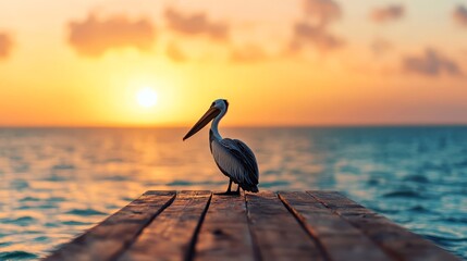 Pelican perched on a wooden dock overlooking the Gulf of Mexico water shimmering under the golden glow of late afternoon light 