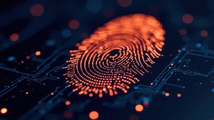 Glowing fingerprint hovering over electronic circuit board symbolizing digital security