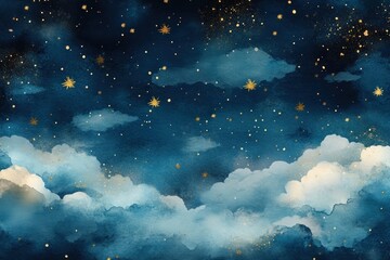 Wall Mural - Whimsical watercolor background illustration clouds night sky.