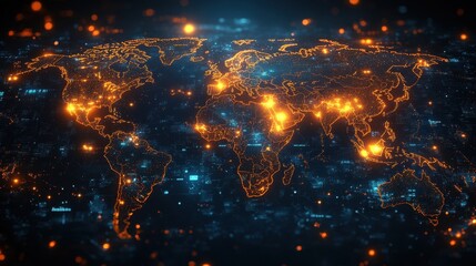 glowing digital world map with futuristic connections