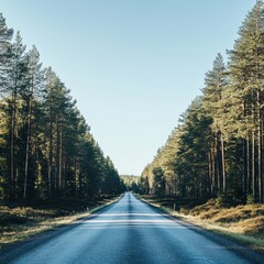 Fototapete - Straight road leads into dense forest under clear blue sky in peaceful natural setting. Generative AI