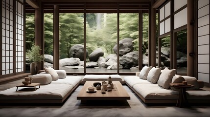 Wall Mural - Cozy and Serene Minimalist Japanese inspired Living Space Featuring Natural Wood Accents and Soft Textures for a Calming Ambiance