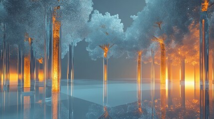 Fototapete - Glowing reflections in a glass forest with abstract tree shapes creating a surreal atmosphere at twilight. Generative AI