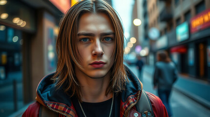 Wall Mural - A young man with long hair stands in front of a building with a hoodie on. He is looking at the camera with a serious expression