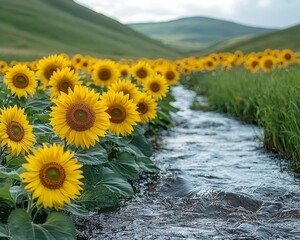 Wall Mural - Serene River Flowing Through a Valley of Blooming Sunflowers in the Soft Morning Light