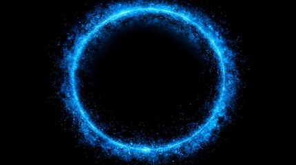Wall Mural - electric blue particle circle swirl on black background creates a luminous portal effect of energy