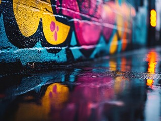 Wall Mural - Wet street, graffiti wall reflection, urban alley, night