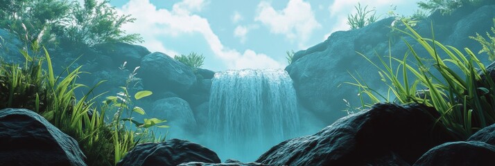Aufkleber - Beautiful waterfall cascading over rocks, surrounded by vibrant green plants under a bright sky. Generative AI