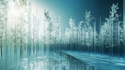 Fototapete - Glowing reflections in a glass forest with abstract tree shapes under soft light. Generative AI
