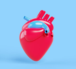 Human heart 3d render icon. Anatomy internal body organ isolated on blue background. Medical, health and cardiology concept. Cardiac beat blood system, cartoon anatomical red muscle. 3D illustration