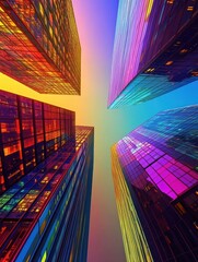 Wall Mural - Futuristic cityscape featuring colorful skyscrapers reaching towards the vibrant skyline during twilight. Generative AI