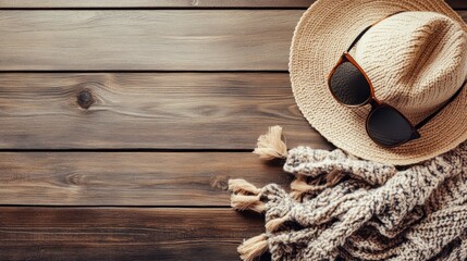 Aufkleber - Fashion accessories displayed on a wooden table featuring hats, scarves, and sunglasses for a stylish look. Generative AI