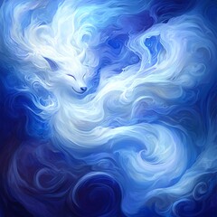 Wall Mural - ethereal fox amidst swirling clouds of tranquility digital artwork in shades of blue and white
