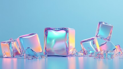 Canvas Print - Iridescent ice cubes on pastel blue background.