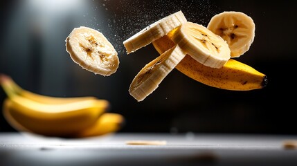 Wall Mural - Floating Banana Slices with Fresh Yellow Whole Bananas on White Background