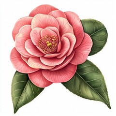 Wall Mural - Elegant Pink Camellia Blossom with Green Leaves Captured in Fine Detail for Nature Lovers and Floral Design Enthusiasts