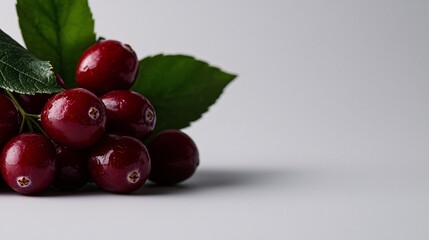 Wall Mural - Fresh Red Berries with Green Leaves on White Background Close Up