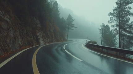 Wall Mural - Rain and thunderstorms nature clouds, Misty road winding through a forested area, showcasing rain-soaked pavement and foggy atmosphere.