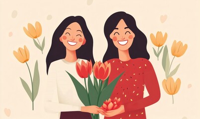 Wall Mural - Cheerful women holding flowers surrounded by tulips and smiling joyfully