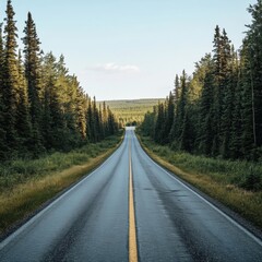 Aufkleber - Straight road extends into a lush forest under a clear sky in a serene nature setting. Generative AI