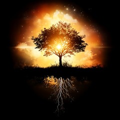 Wall Mural - ethereal tree of life rooted in mystical waters radiating light across cosmic sky background