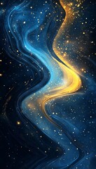 Wall Mural - Cosmic Flow Abstract Blue and Gold Nebula Cloud Formation, Stars. Digital Illustration.