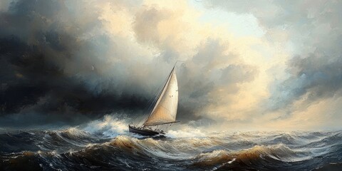 Poster - Rain and thunderstorms nature clouds, A sailing boat battles turbulent waves under a dramatic sky.