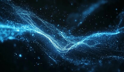 Poster - Blue particle wave, dark space, flowing, digital, abstract background, tech design