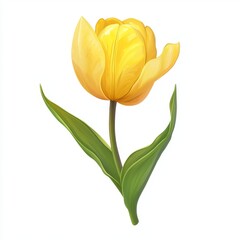 Wall Mural - Beautiful yellow tulip flower with green leaves isolated on white background suitable for backgrounds and nature themes