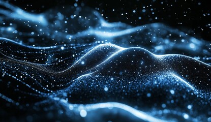 Poster - Blue particle waves flow, dark background, digital art, tech use