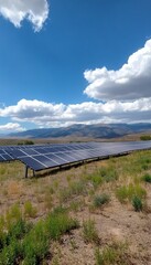 Wall Mural - vast solar farm with photovoltaic panels in a semi arid landscape under a bright blue sky