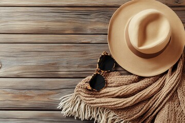 Aufkleber - Fashion accessories arranged on wooden table showcasing hats, scarves, and stylish sunglasses for a chic look. Generative AI