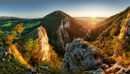 Poster - Slovakia forest spring panorana landscape with mountain at sunset