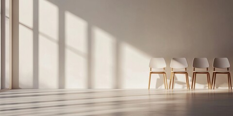 Wall Mural - Minimalist interior design featuring four modern chairs casting shadows on a light wall