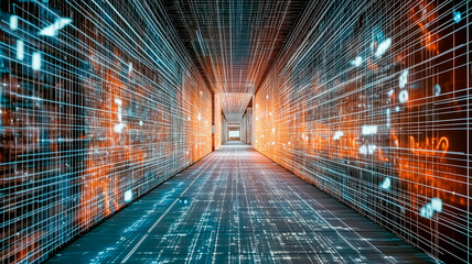Wall Mural - futuristic hallway with digital grid and glowing lights