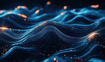 Wall Mural - Abstract digital waves with glowing particles and flowing lines in blue and orange hues