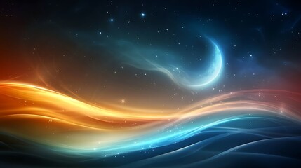 Night sky abstract with crescent moon and vibrant waves