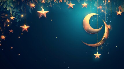 Wall Mural - Golden crescent moon and stars, leaves background, festive card