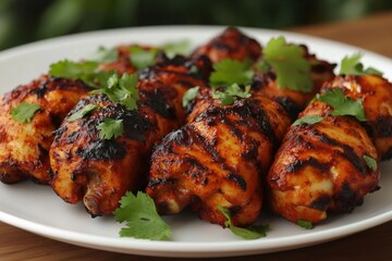 Wall Mural - Grilled spicy chicken drumsticks with fresh herbs