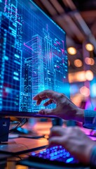 Wall Mural - architect using ai to create holographic building plans in a modern office environment