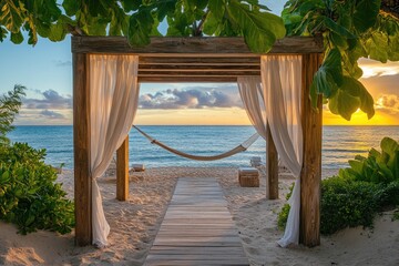 Wall Mural - Hammock under a canopy overlooking tropical beach at sunrise