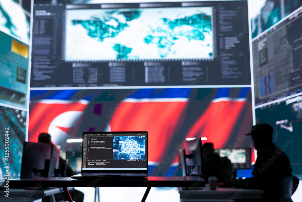 Army soldiers working in a control center base of operations with a ...