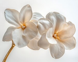 Canvas Print - Pair of Exquisite Delicate White Porcelain Flowers Sculptures on Golden Stem, White Background