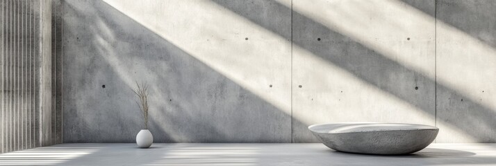 Poster - Minimalist interior featuring concrete texture with soft shadows and a simple vase on a serene, sunny day. Generative AI
