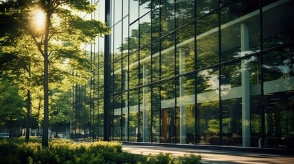 Eco-friendly building modern city sustainable glass building Ecology concept Office building with green environment
