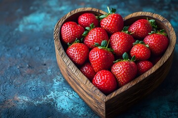 Wall Mural - Fresh Ripe Strawberries in Heart-Shaped Wooden Bowl on Rustic Blue Background